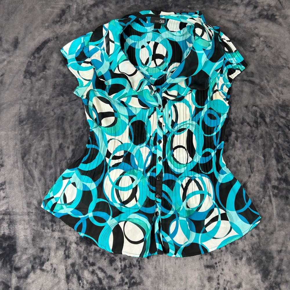 East 5th Blouse Womens Petite Small Blue Geometric Circle Pleated‎ Ruffle Top